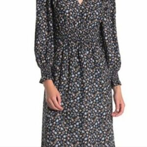 Rebecca Taylor 100% Silk Lined Midnight Floral Zelma Midi Dress Smocking SZ 6